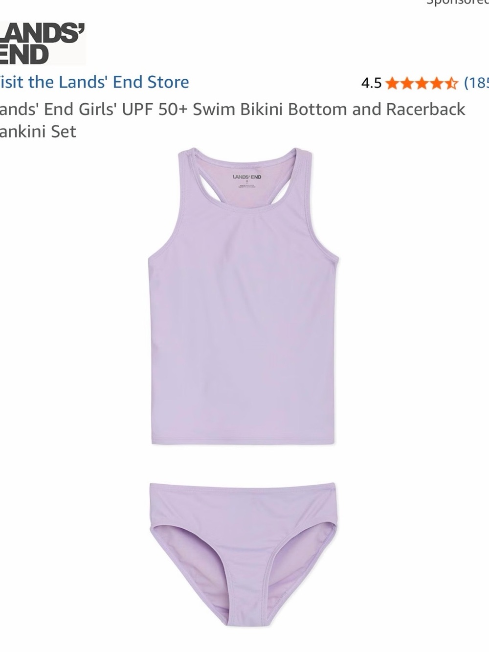 Lands' End Girls' Lilac Racerback Tankini Two-Piece Size 10-12 Large kids